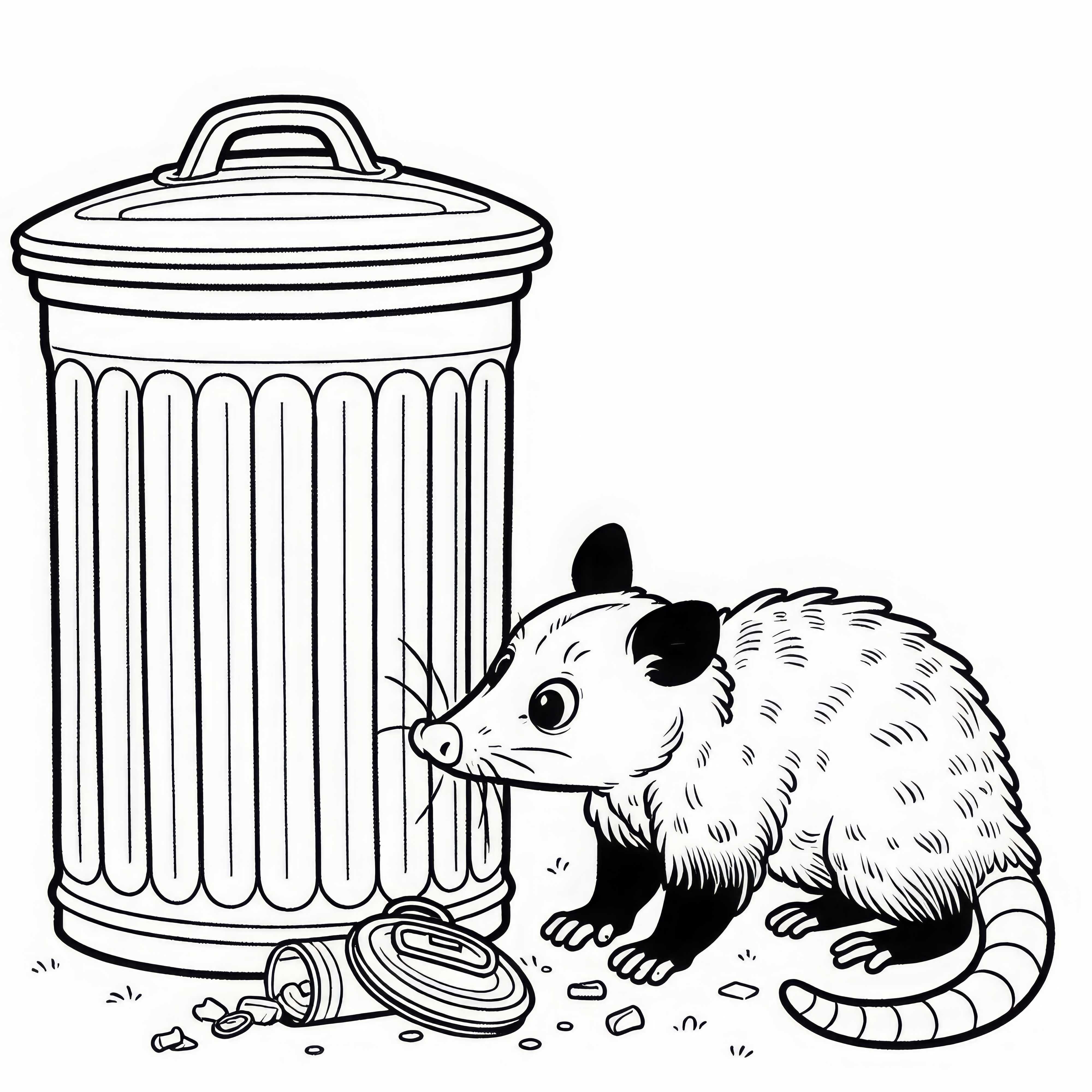 Curious possum sniffs at trash can – free coloring page