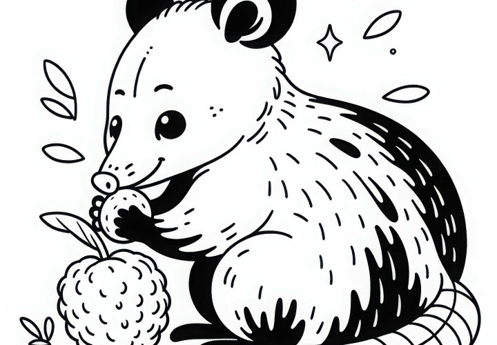 Opossum nibbles leisurely on fruit - Free coloring page