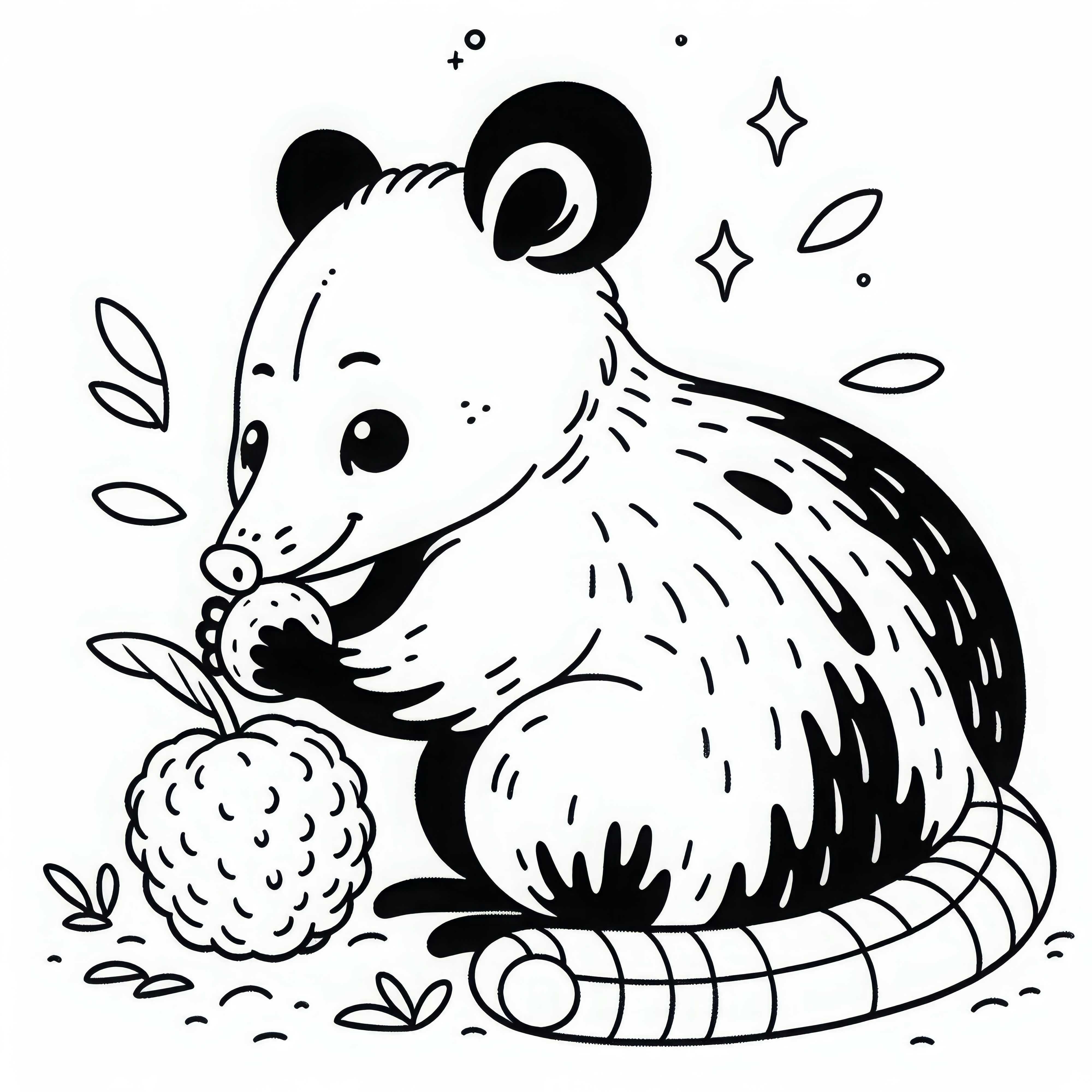 Opossum nibbles happily on fruit - Free coloring page Opossum nibbles contentedly on fruit - Free coloring page