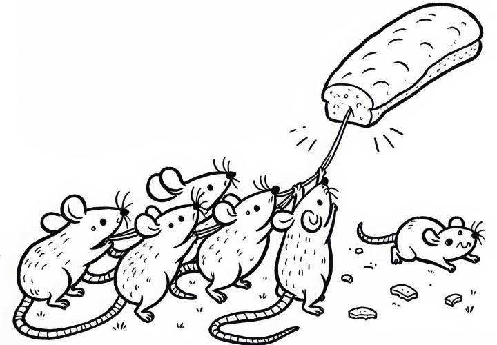 Group of rats pulls on bread - Coloring page simple free Group of rats pulling on bread – coloring page simple free