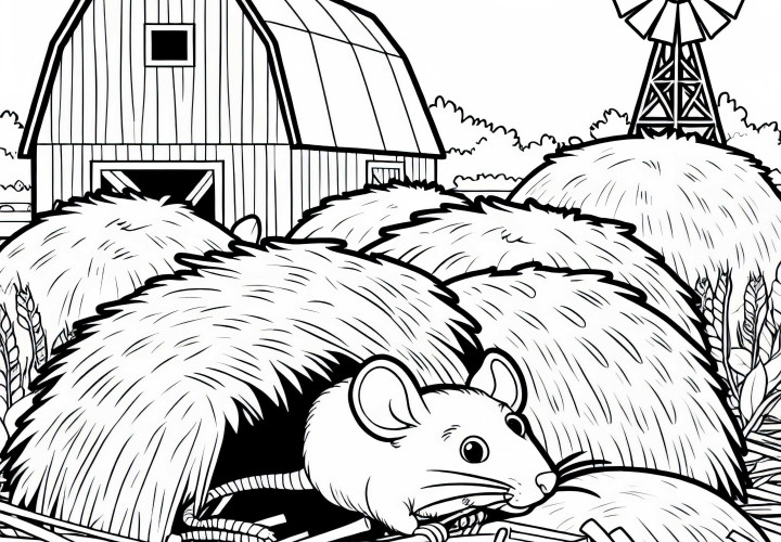 A rat is hiding between hay bales – free coloring template A rat hides between bales of straw – free coloring template