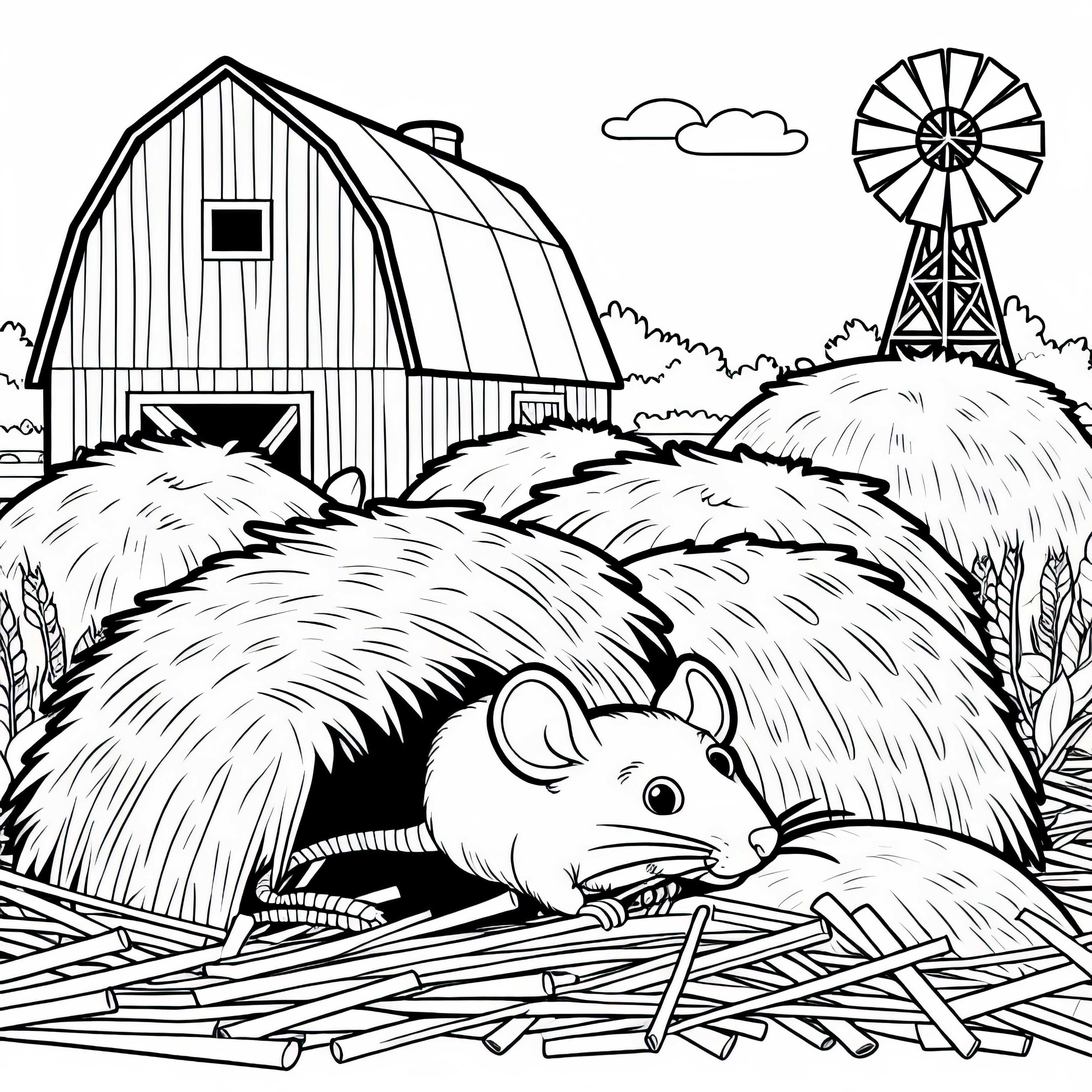 A rat hides between hay bales – free coloring template A rat hides between straw bales – free coloring page