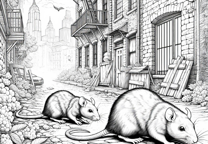 Two rats scurry through the alley in the city – coloring page Two rats scurry through the alley in the city - Coloring page