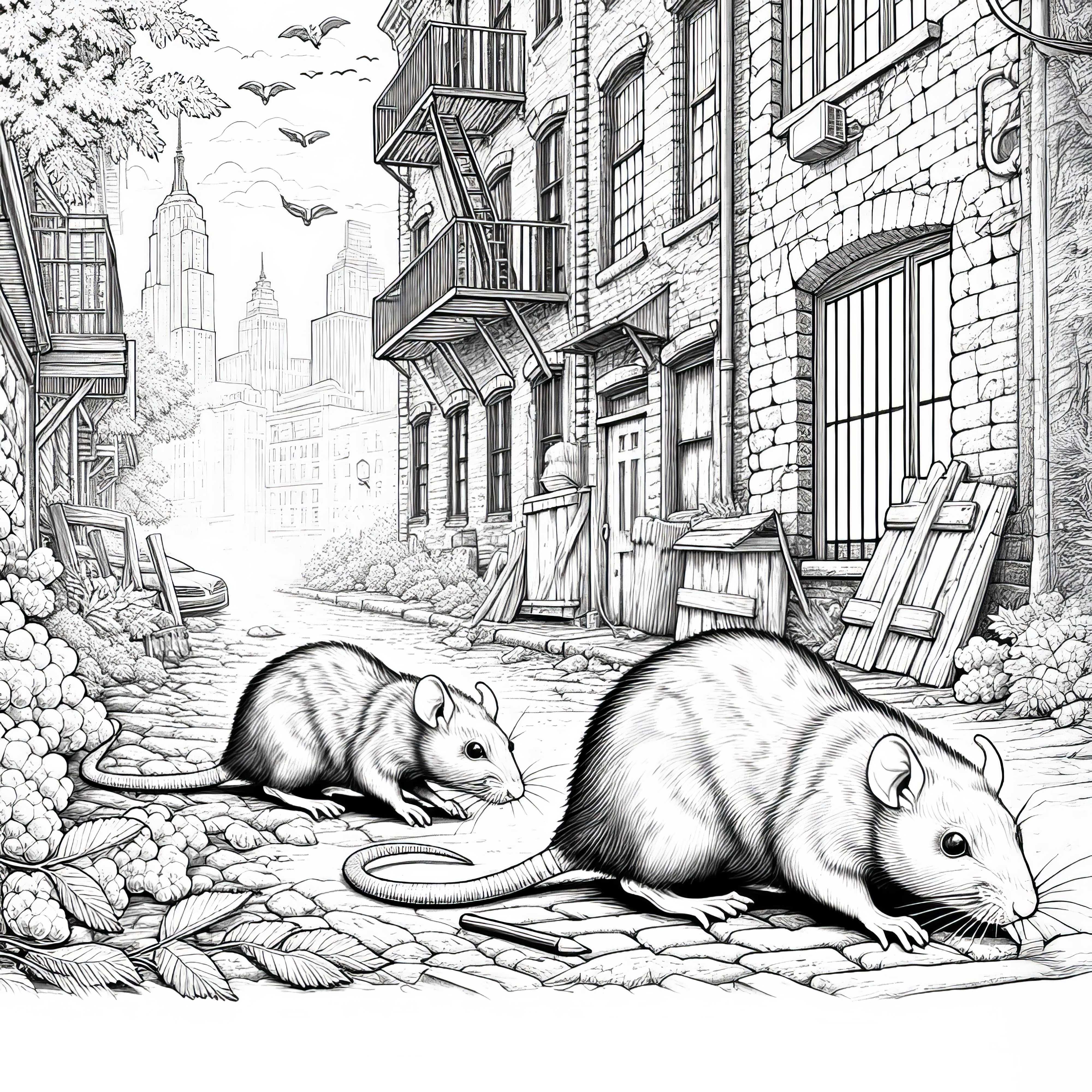 Two rats scurry through the alley in the city - coloring page Two rats scurry through the alley in the city – Coloring page