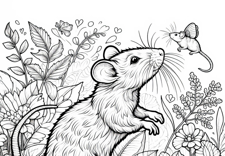 Rat stands on its hind legs and sniffs – Coloring page in detail Rat stands on its hind legs and sniffs – Coloring page in intricate detail