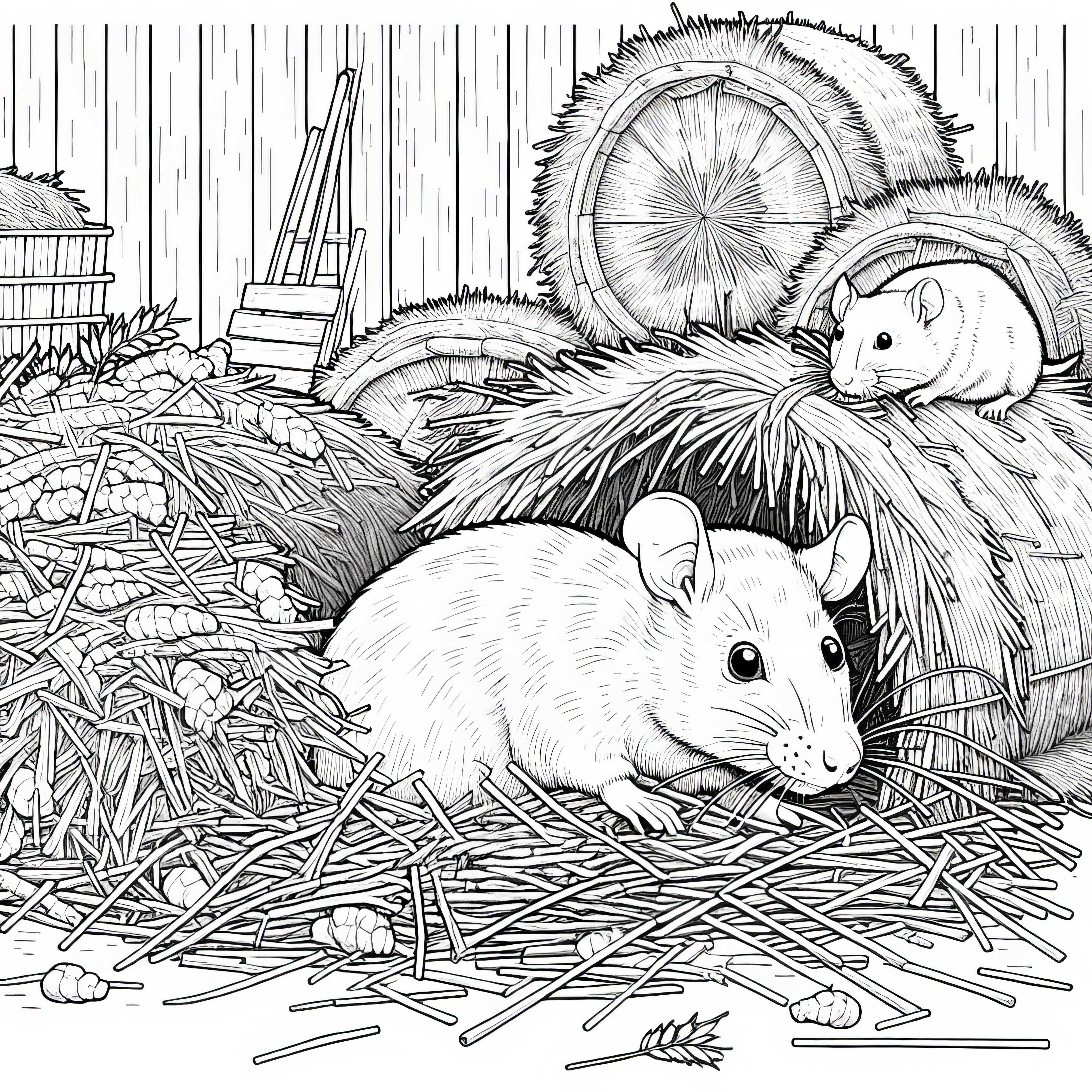 Rat Hiding Between Hay Bales in Barn - Intricate Free Coloring Page Rat Hides Between Hay Bales In Barn – Detailed Coloring Page Free