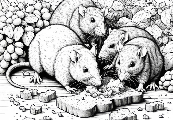 Group of rats eating bread – Coloring page in detailed execution Group of rats eating bread – Coloring page in detailed execution