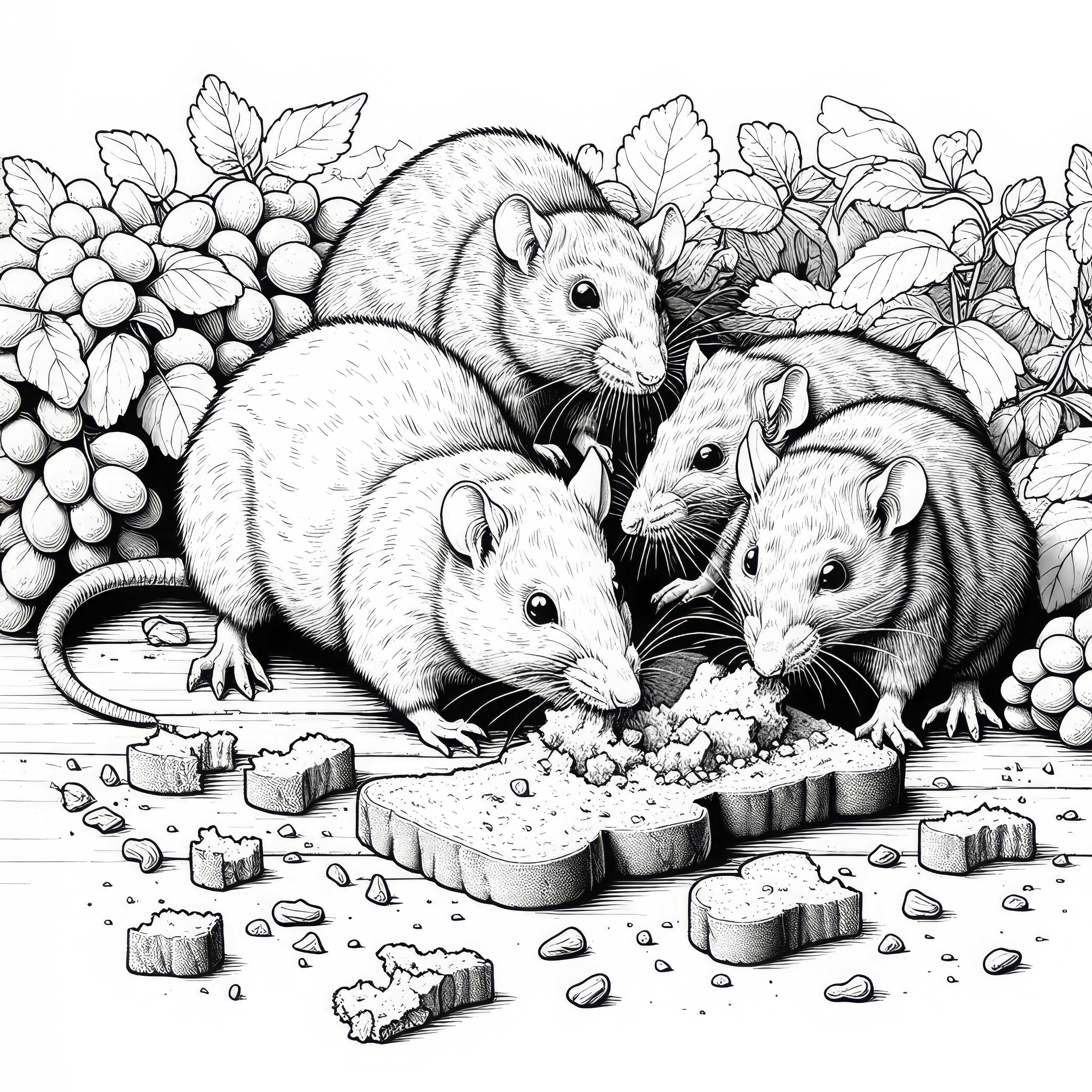 Group of rats eating bread – Coloring page with detailed execution Group of rats eating bread - coloring page with detailed execution