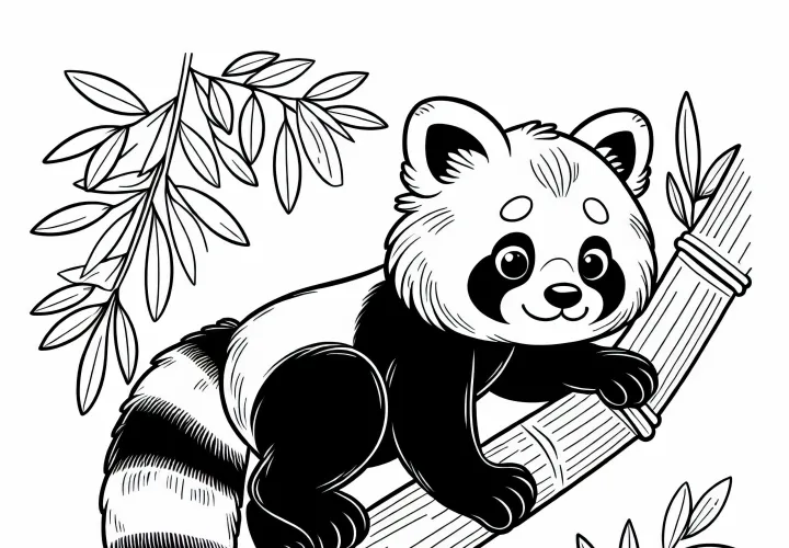Vörös panda mászik a bambusz mellett – Kifestő kép gyerekeknek
