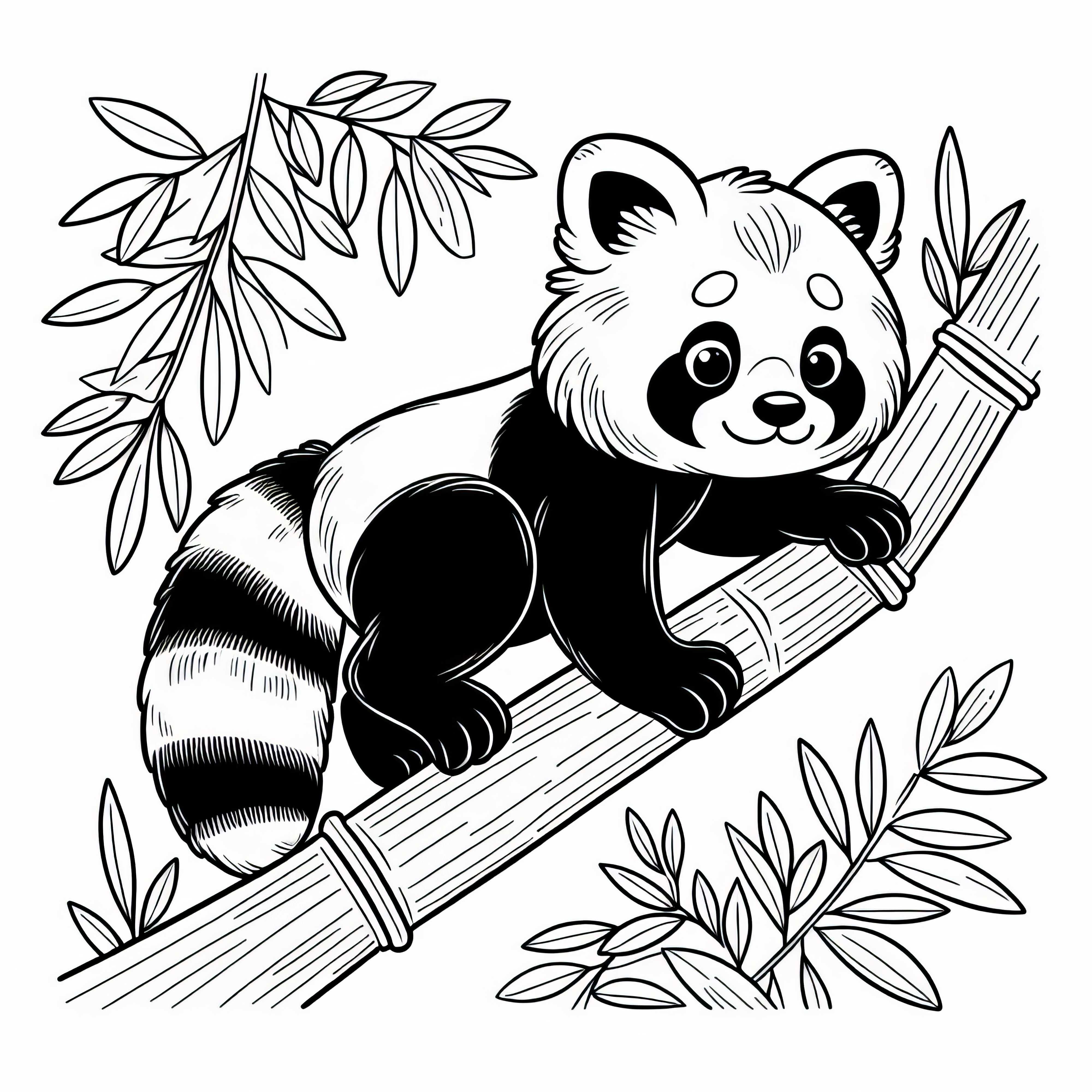 Panda vermelho sobe pelo bambu - Desenho para colorir para crianças