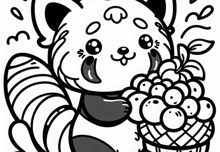 Panda piros gyümölcsöt tart – Egyszerű és ingyenes színezőlap