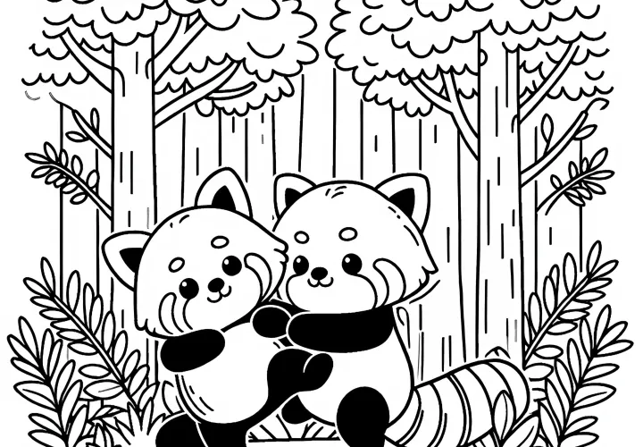 Két vörös panda játszik egymással a sűrű erdőben - Ingyenes színezőlap
