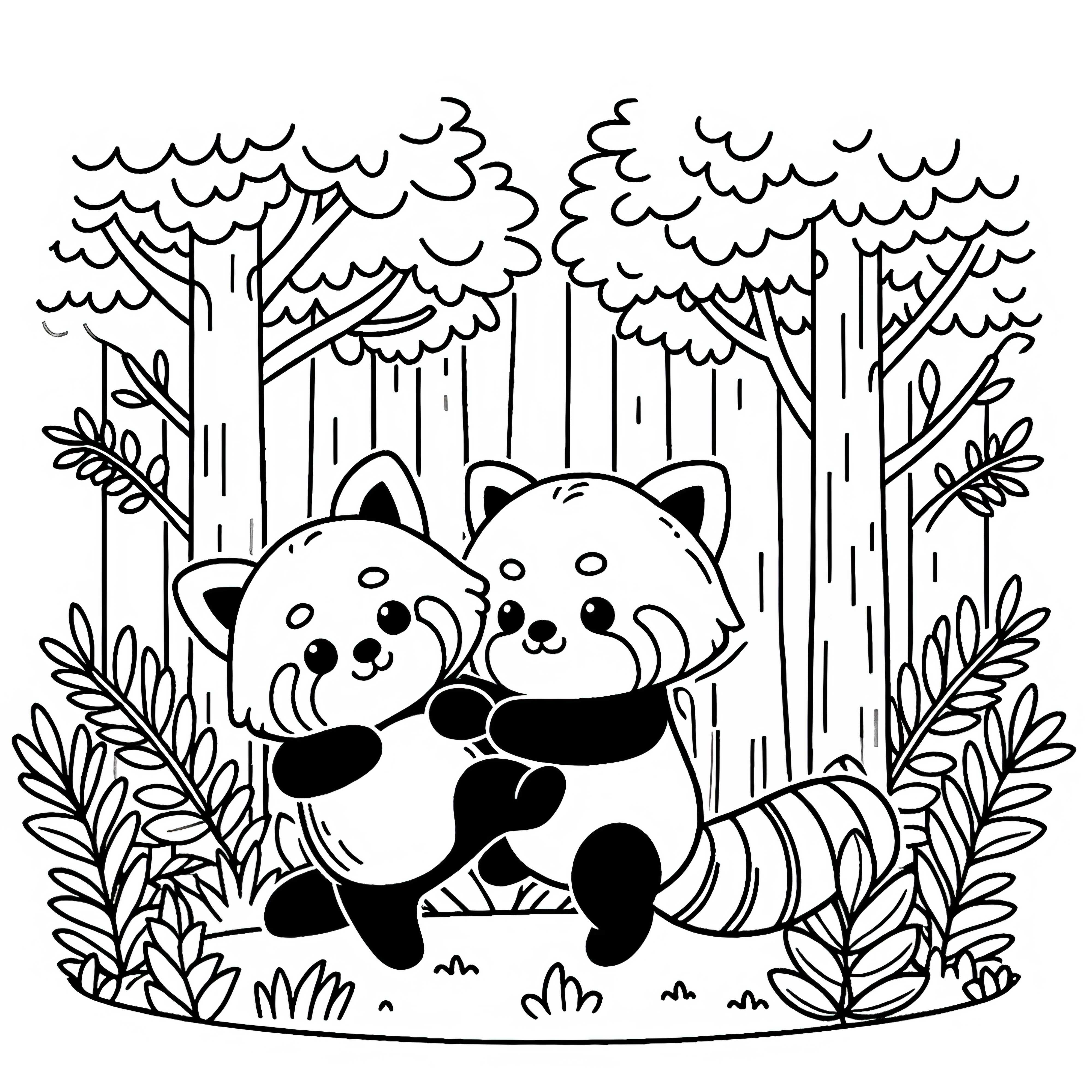Dois pandas vermelhos estão brincando juntos na densa floresta - Desenho para colorir grátis