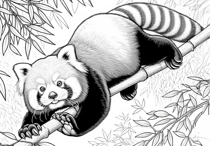Piros panda ügyesen mászik a bambuszágon – részletes és ingyenes színezőlap