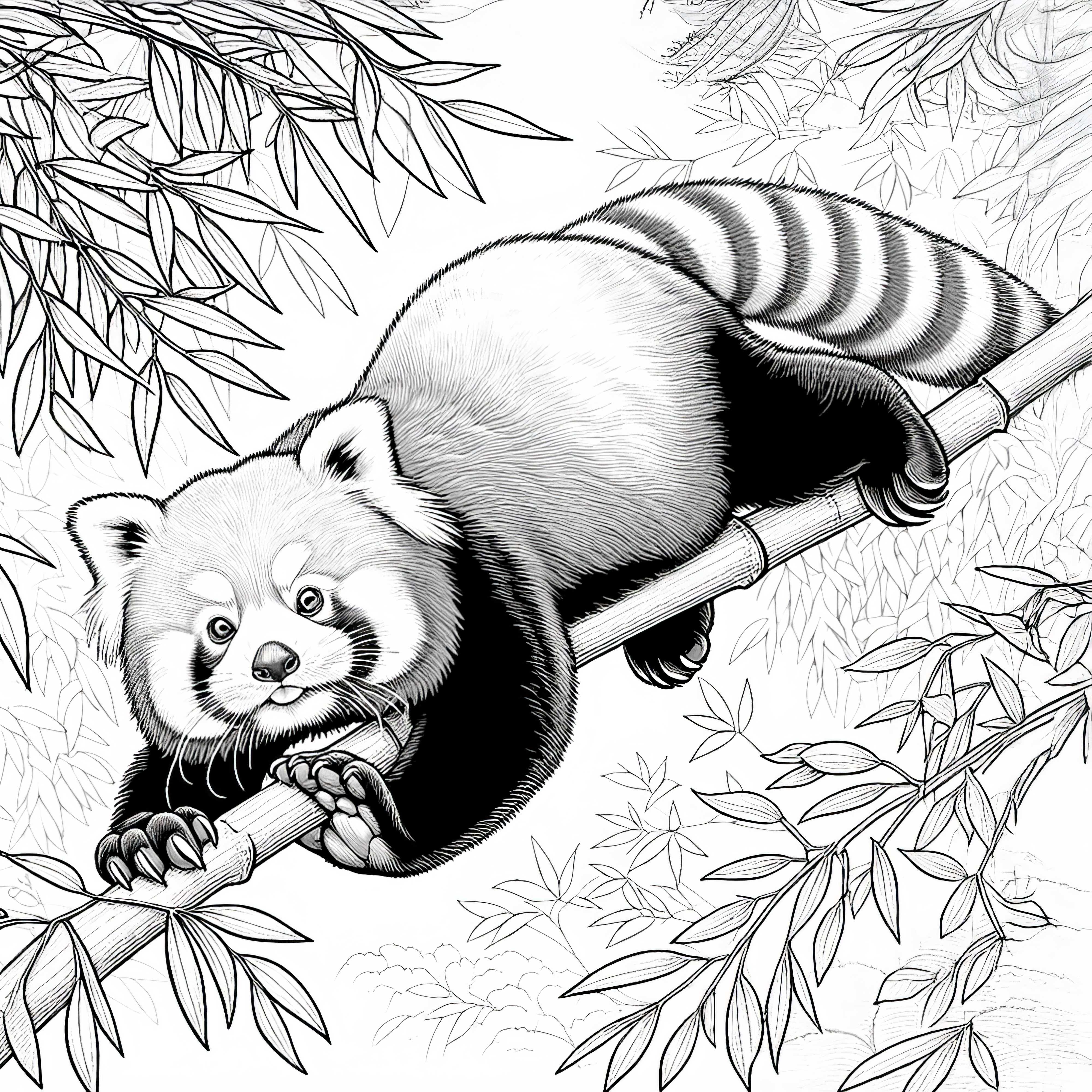 Röd panda klättrar skickligt längs bambugrenen – målarbok detaljerad och gratis