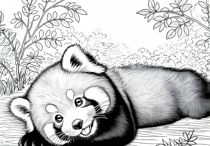 Röd panda rullar lekfullt på golvet – Detaljrik färgläggningsbild gratis