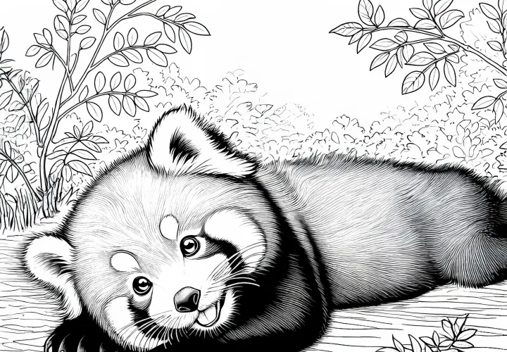 Piros panda játszadozik, és a földön hempergőzik – Részletes, ingyenes színezőlap