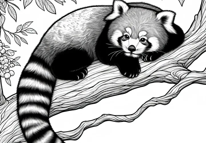 Piros Panda Pihen Relaxálva Egy Faágon - Részletes Ingyenes Színezőlap