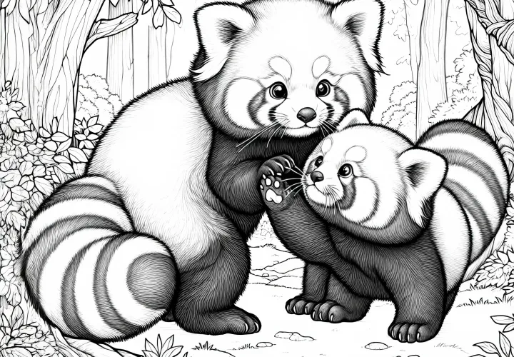 Két vörös panda játszik egymással az erdőben – részletes ingyenes színezőlap