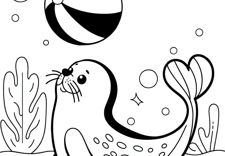 Калифорнийский морской лев балансирует мяч на своем носу – раскраска бесплатная