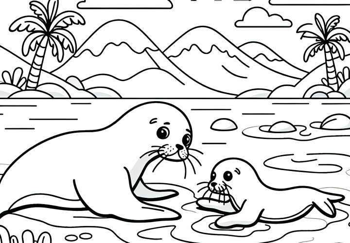 Mati morskega leva se igra s svojim mladičem na plaži – Brezplačna barvanka