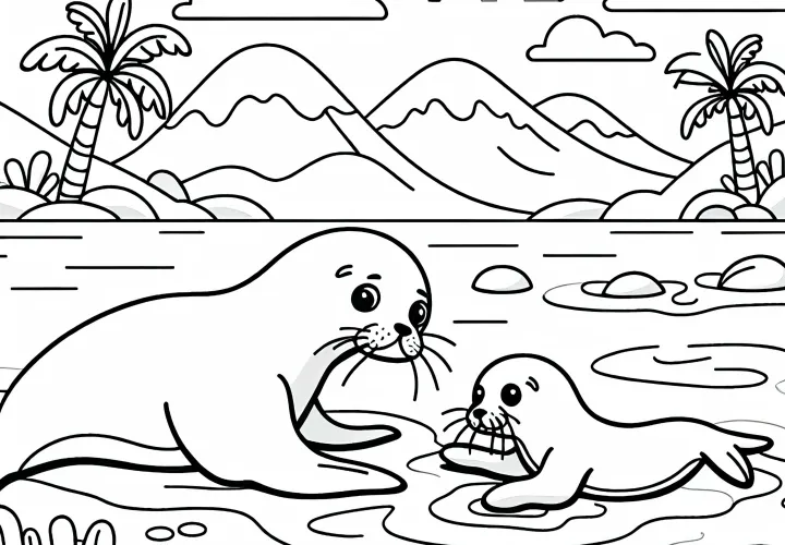 Мать морского льва играет со своим детенышем на пляже – Бесплатная раскраска