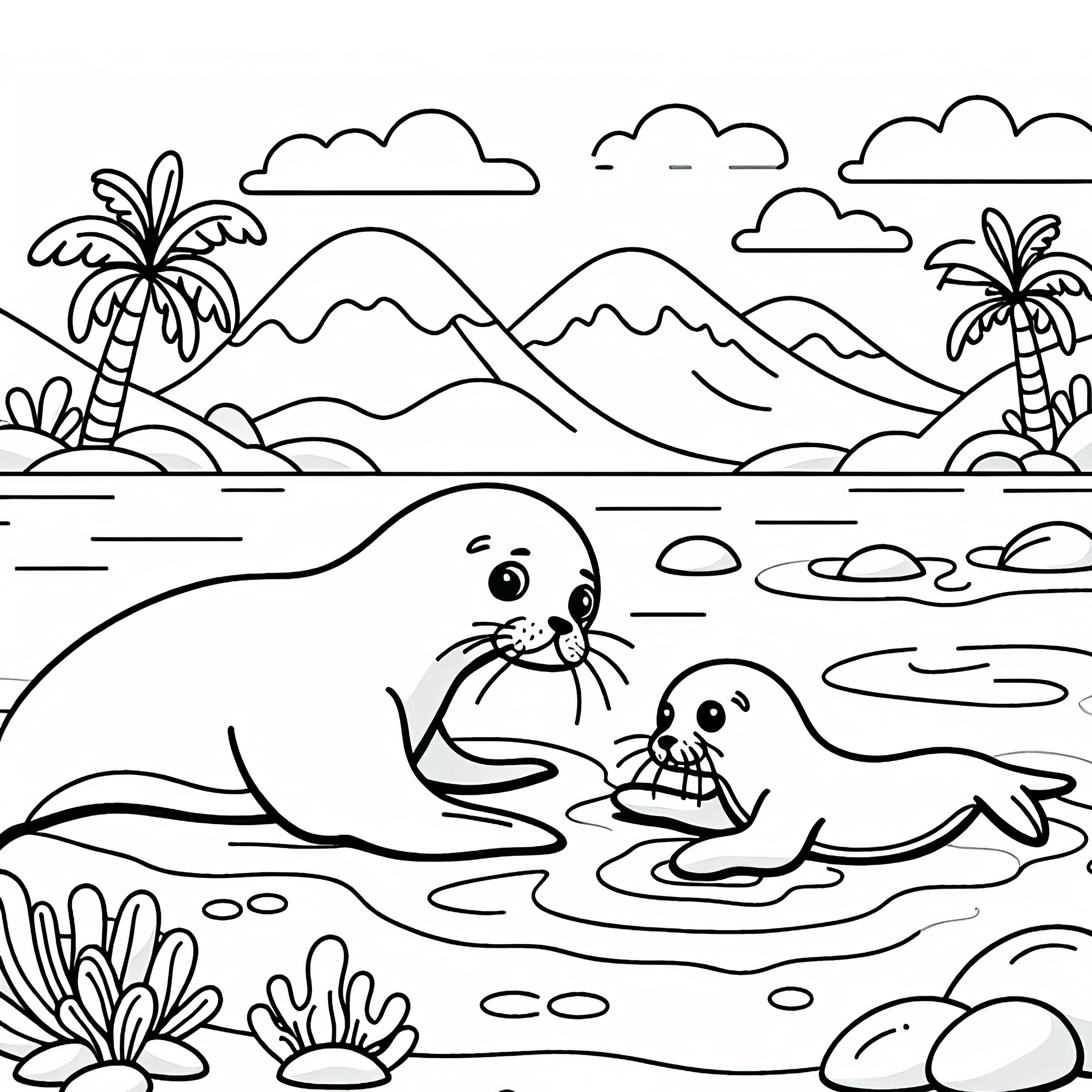 Sea lion mother playing with her pup on the beach – Free coloring page Sea lion mother plays with her pup on the beach - free coloring page