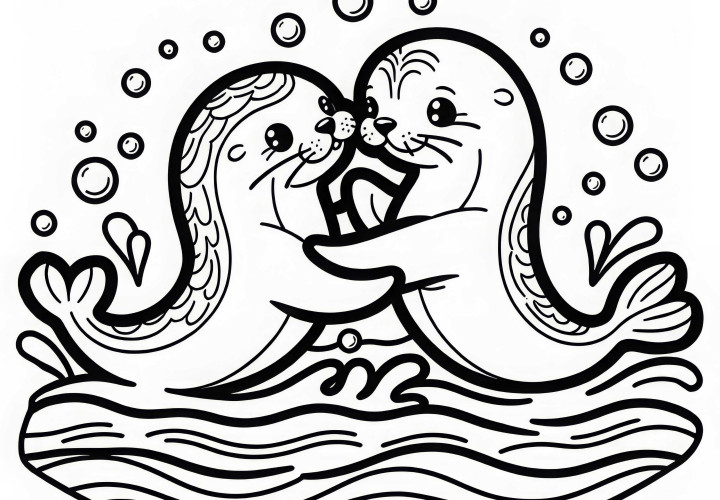 Dva morskega leva se igrivo borita drug proti drugemu – brezplačna risarska predloga