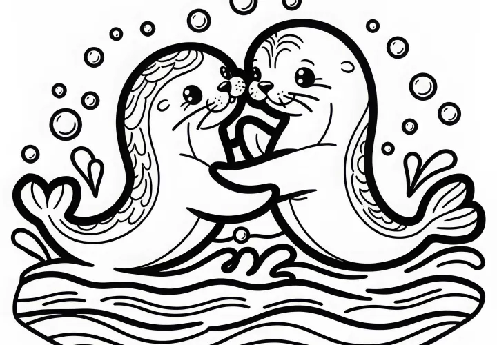 Два морских льва игриво борются друг с другом – бесплатный раскраска