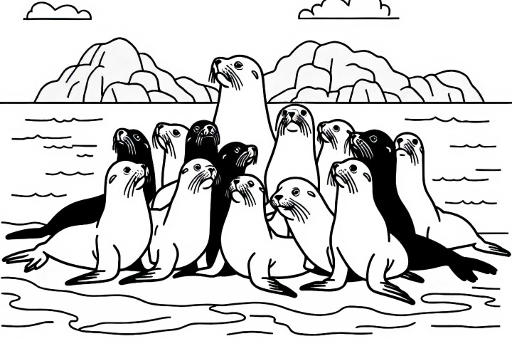 Skupina morskih levov leži tesno skupaj na peščeni plitvini - brezplačna barvna predloga