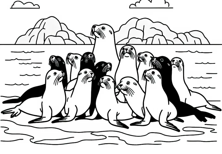 Группа морских львов лежит тесно друг к другу на песчаной отмели – раскраска бесплатно