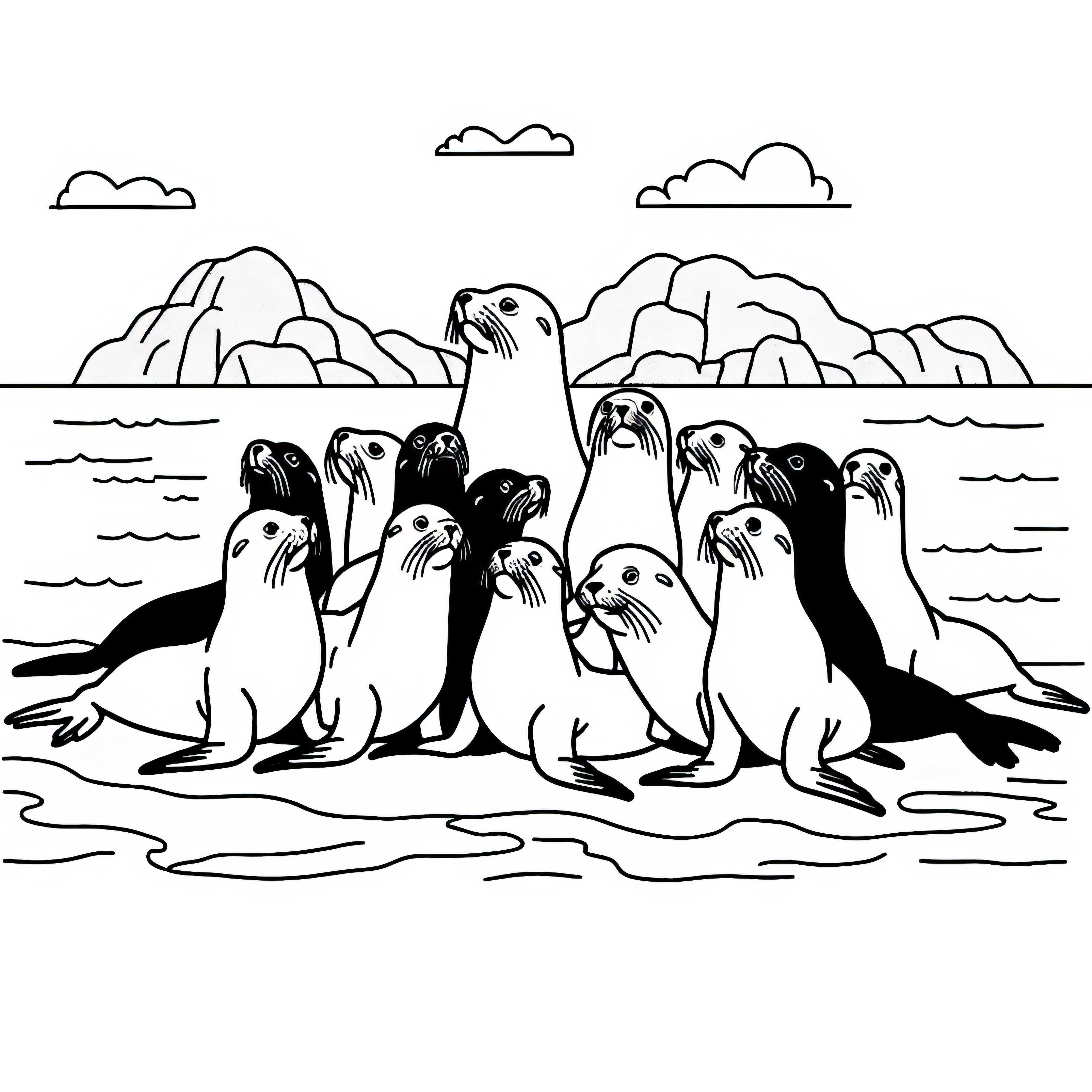 Groupe de lions de mer est serré sur un banc de sable – Dessin à colorier gratuit