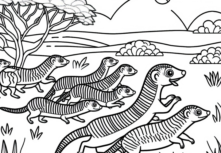 Grupo de mongooses corre pela paisagem seca – Desenho para colorir gratuito
