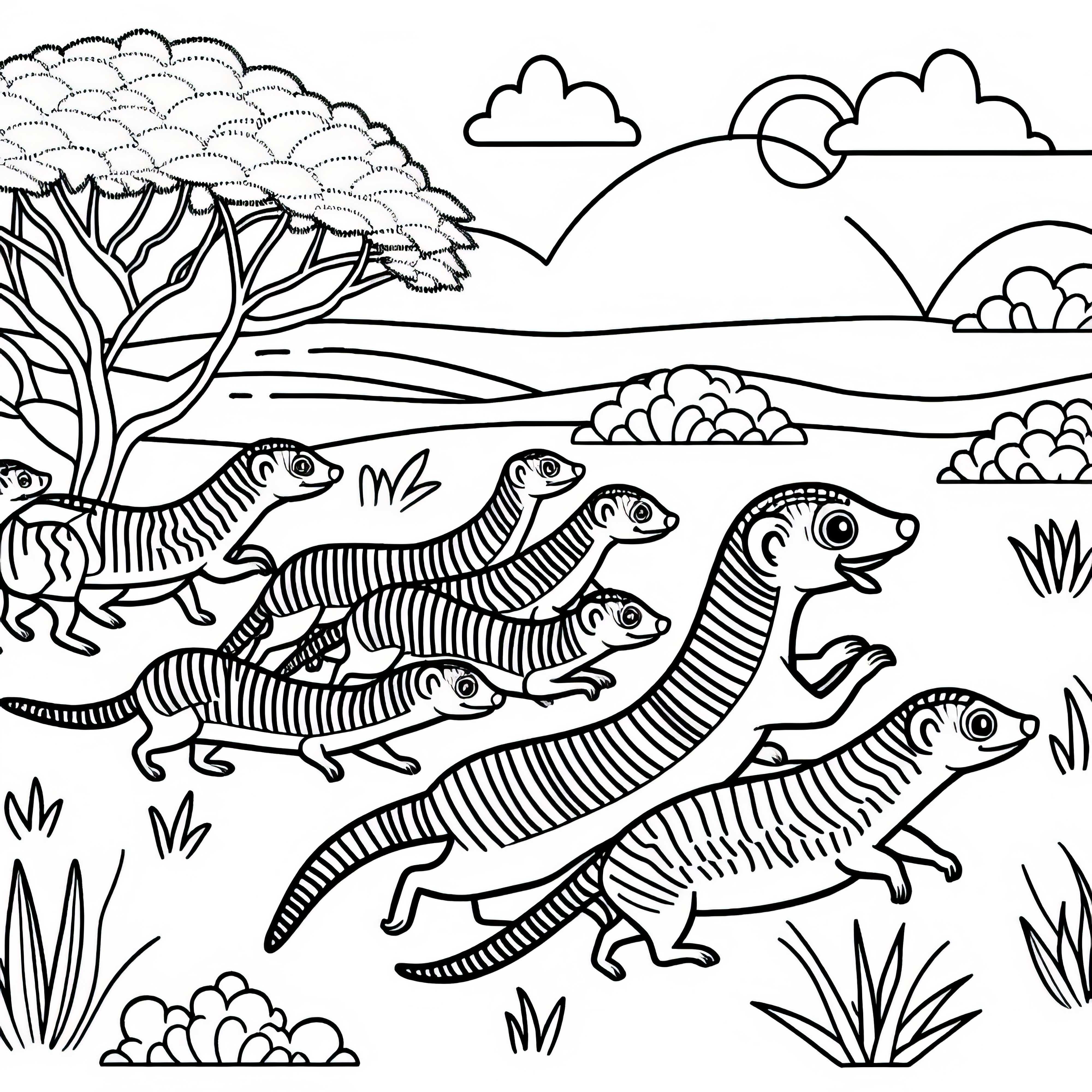 Grupo de mangustos corre pela paisagem seca – Desenho para colorir grátis