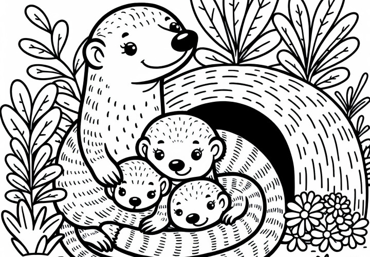 Família de mangustos se aconchega: Desenho para colorir gratuito