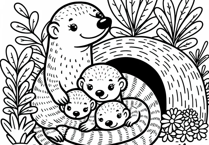 Семья мангустов уютно свернулась вместе: Бесплатная раскраска
