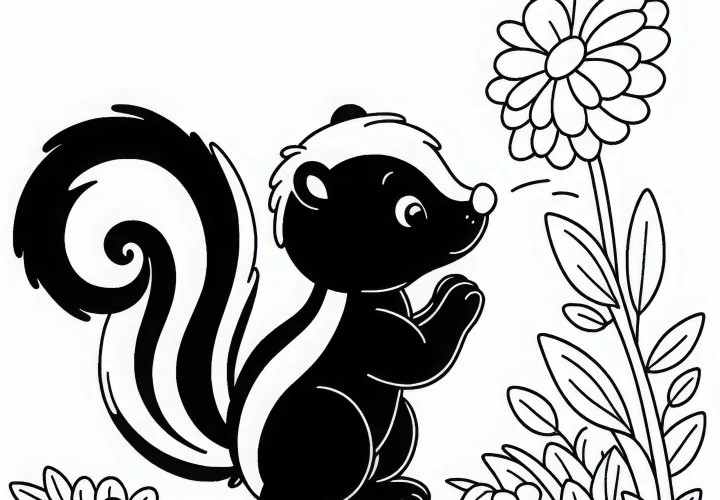 Скунс любопытно нюхает цветок – раскраска бесплатно