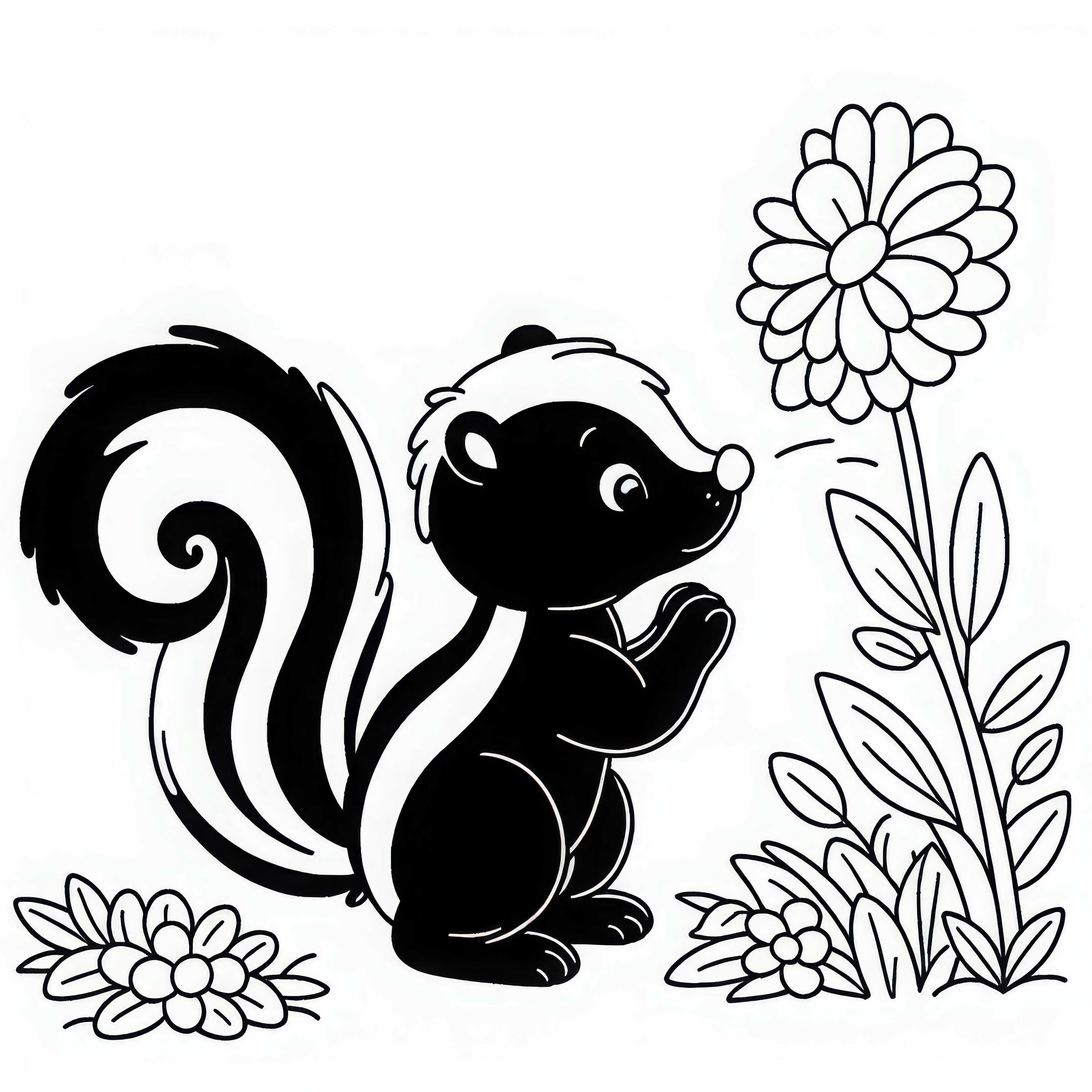 Skunk curiously sniffs a flower - Free coloring template