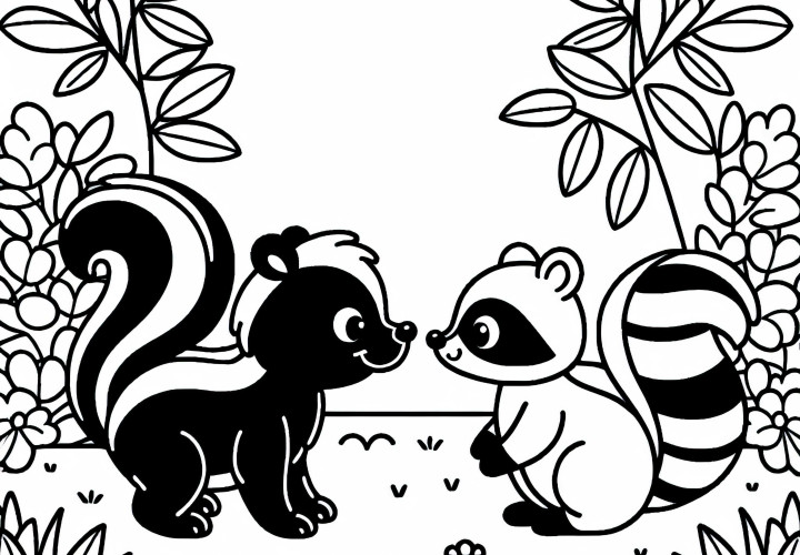 Skunk and a raccoon meet in the garden – free coloring page