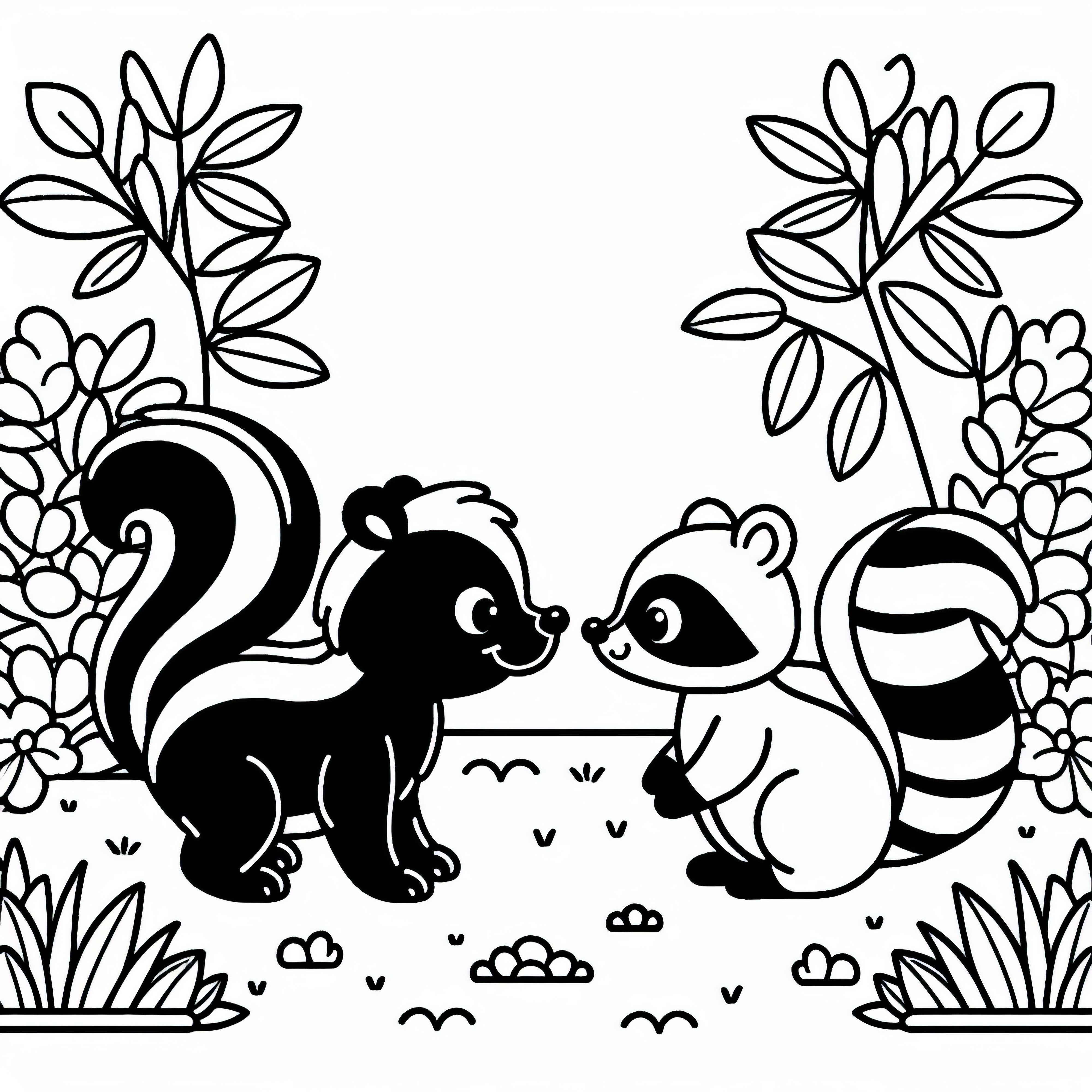 Skunk a mýval se setkávají na zahradě – zdarma omalovánka
