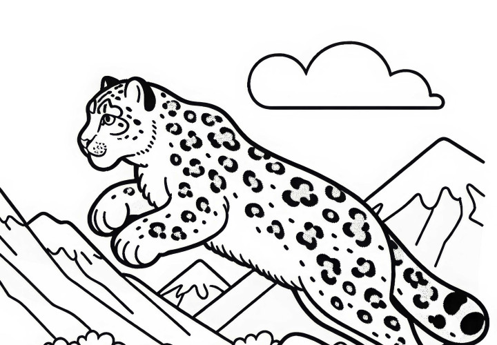 Snow leopard jumps from a rock - Free coloring page Snow leopard jumps from a rock – Free coloring page
