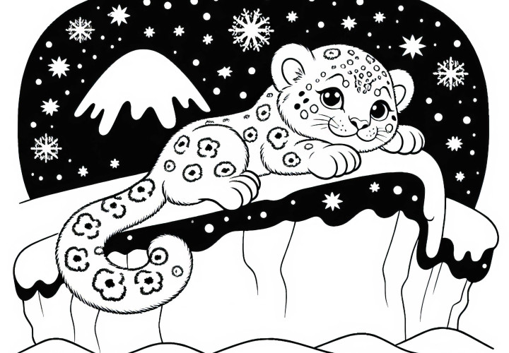 Snow leopard rests on a snow-covered ledge - Free coloring page Snow leopard resting on a snow-covered ledge - Free coloring page