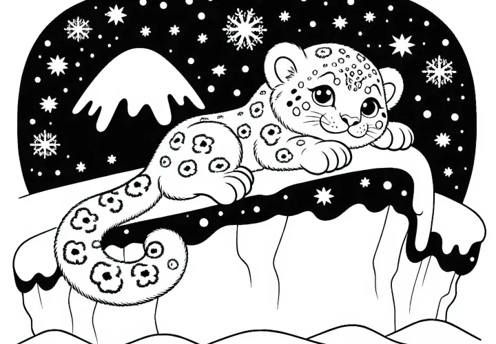 A hópárduc pihen egy hóval borított kiemelkedésen – Ingyenes színező kép