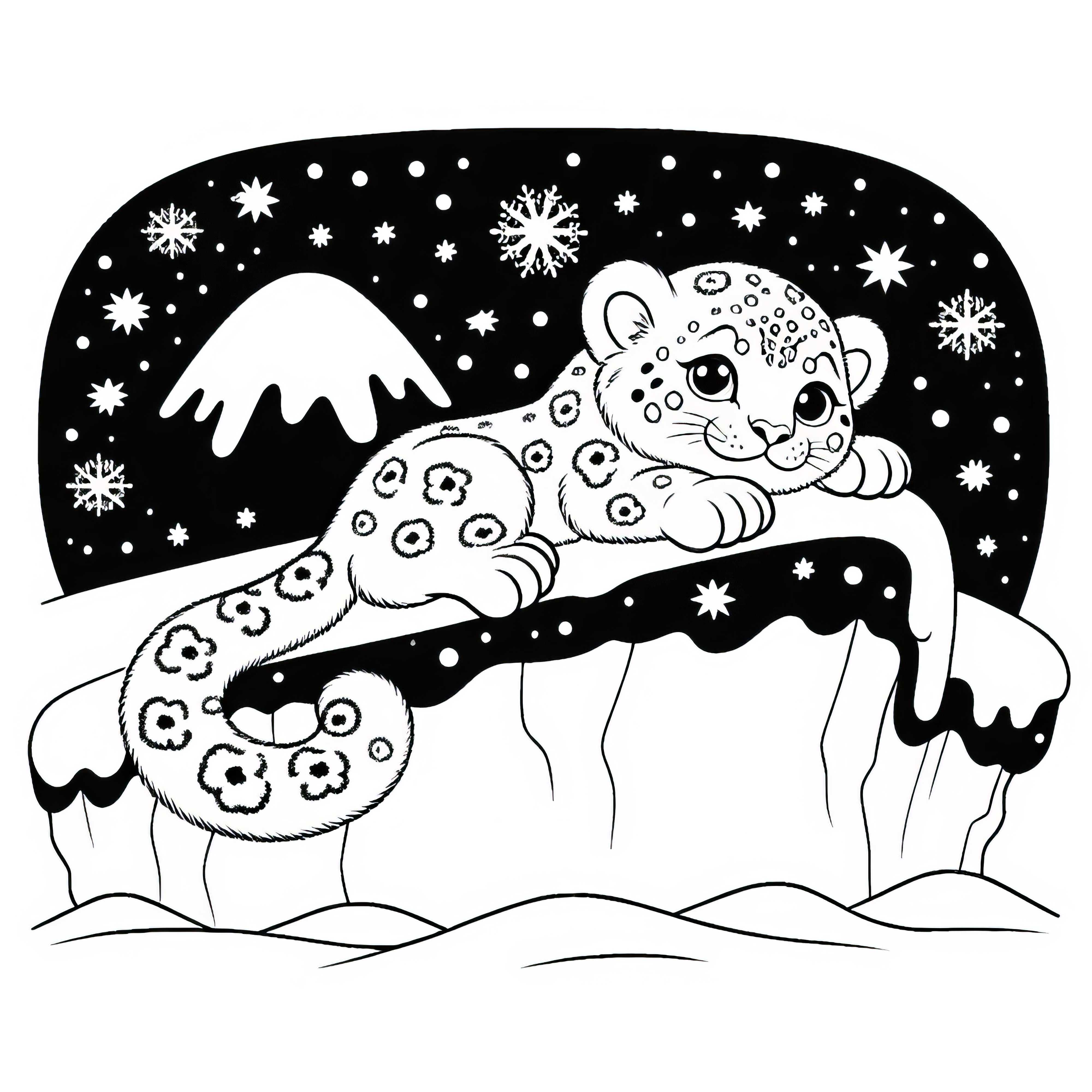 El leopardo de las nieves se descansa en un saliente cubierto de nieve - Dibujo para colorear gratis