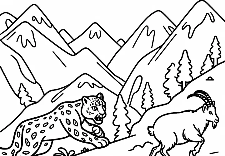 Hóleopárd vadászik hegyi kecskére meredek lejtőn – Ingyenes színező kép