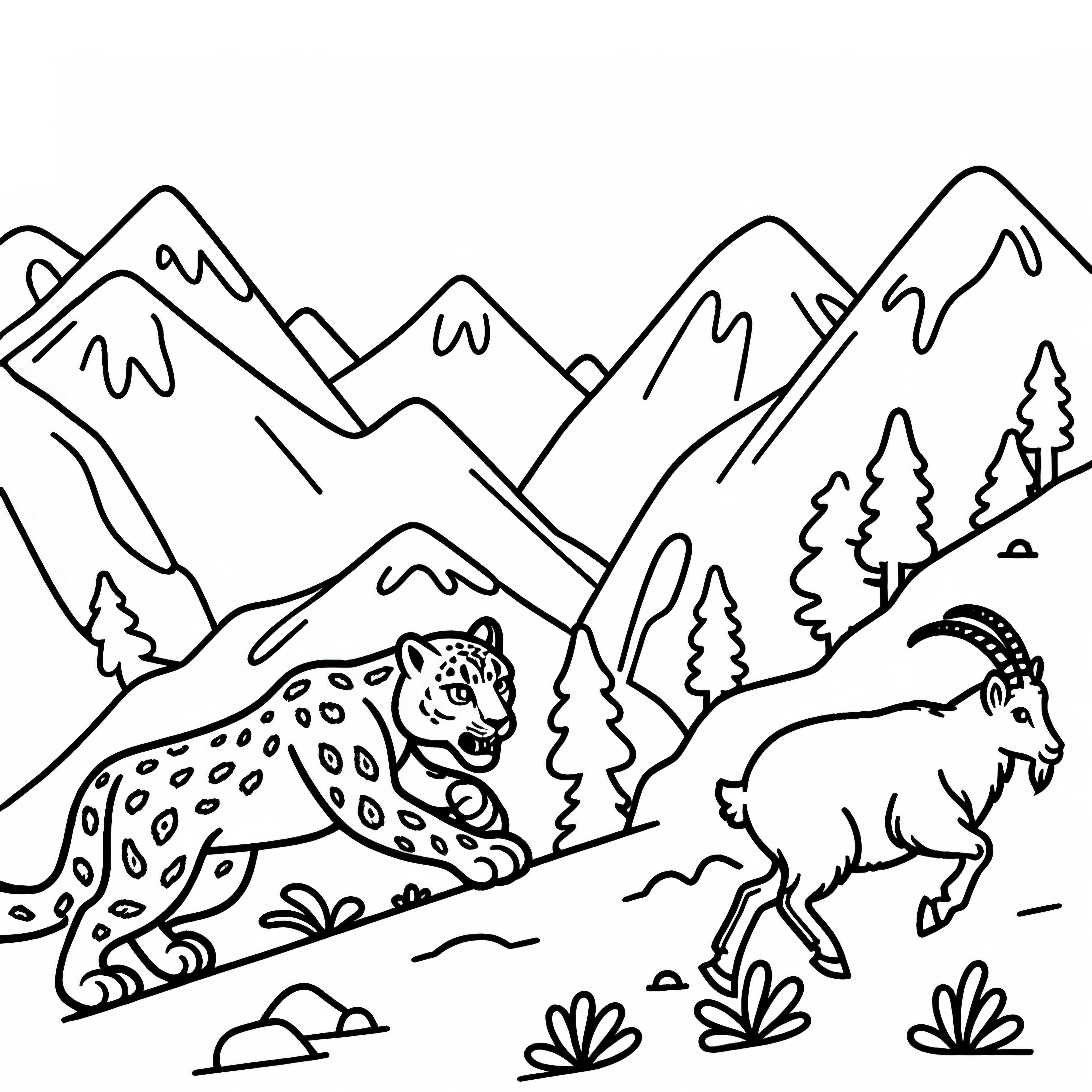 El leopardo de las nieves caza una cabra montés en una pendiente empinada - Dibujo para colorear gratis