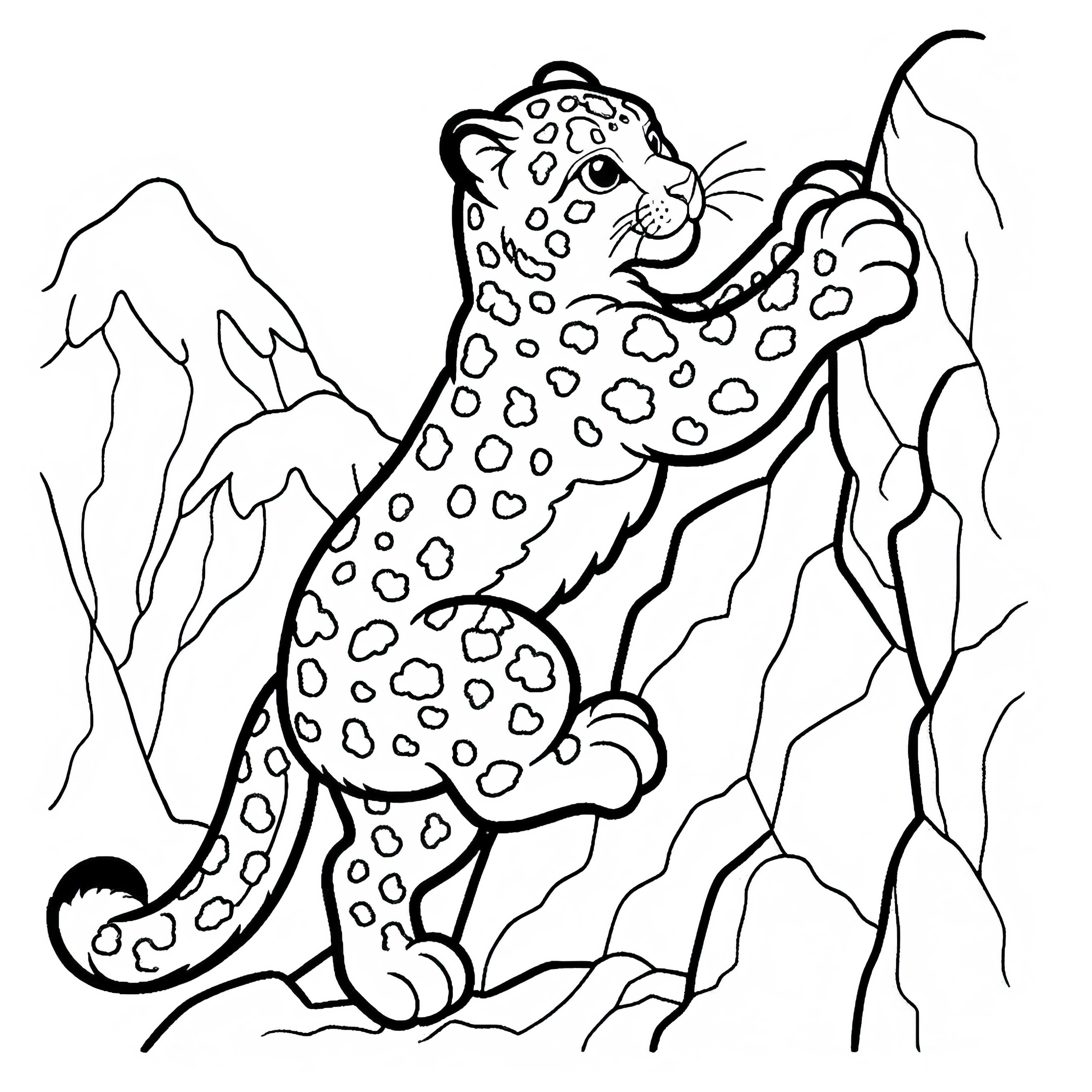 Snow leopard skillfully climbs along rock face – Free coloring page Snow leopard skillfully climbs along rock face - free coloring page