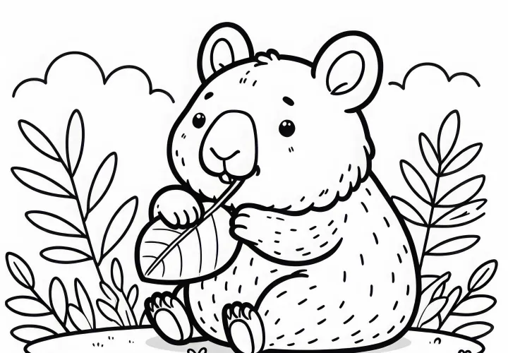 Вомбат удобно сидит на траве и грызет лист – бесплатный раскраска