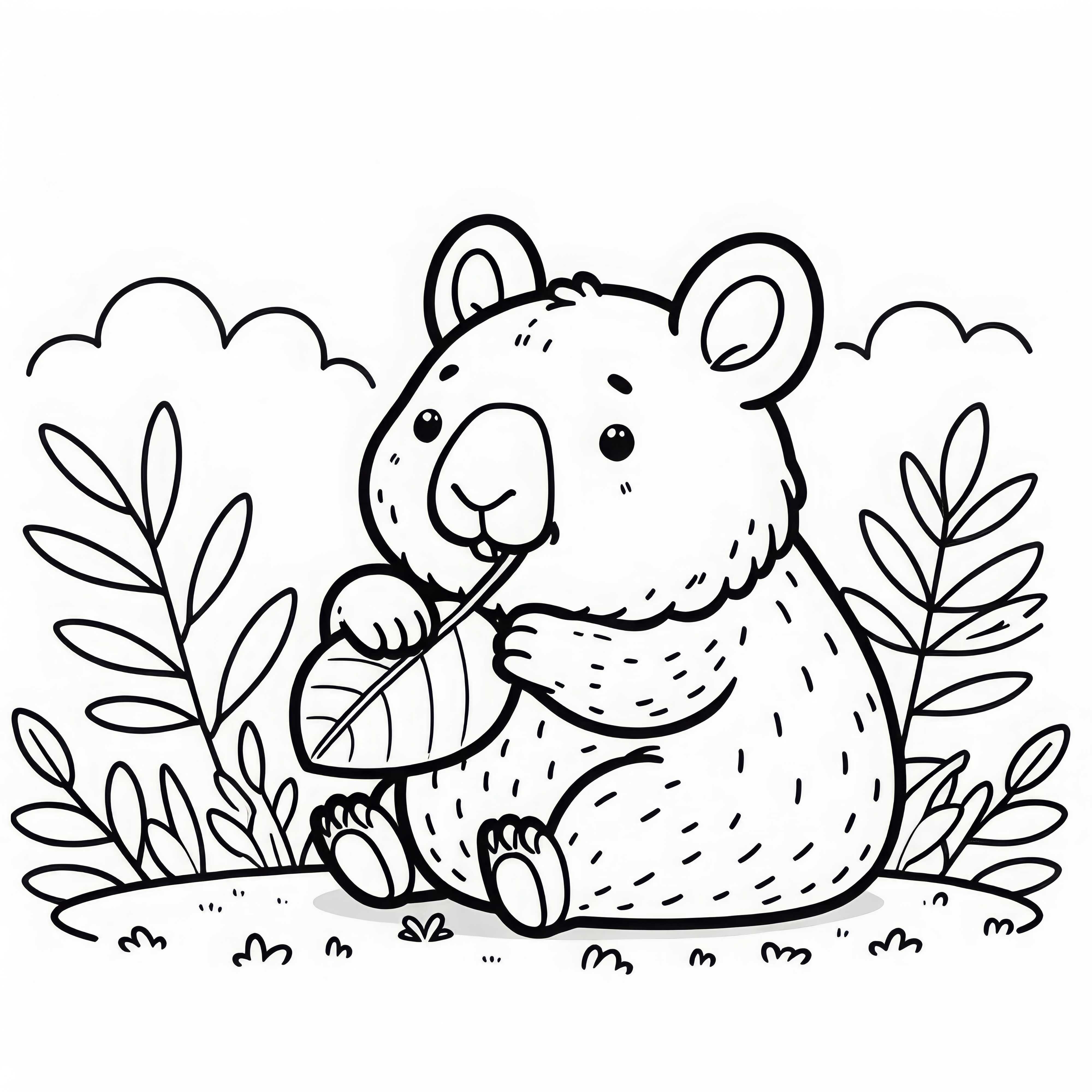 Wombat sits comfortably on the meadow and gnaws on a leaf – free coloring page Wombat sits comfortably on the meadow and nibbles on a leaf – Free coloring template