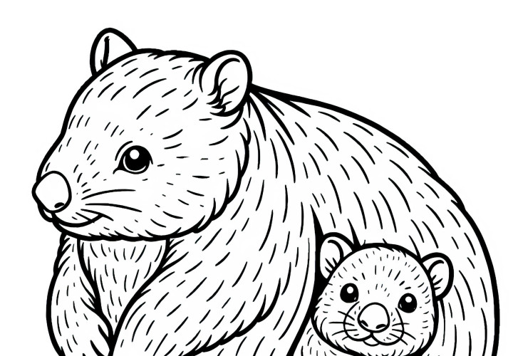 Wombat baby and mother - Coloring page simple free Wombat baby and mother - Coloring page easy free
